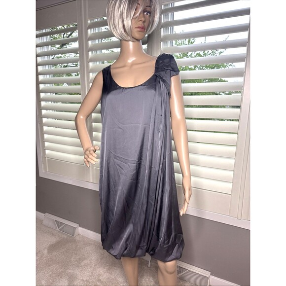 H&M Dress Sz 14 satin sleeveless shoulder bow beaded SIZE 14 Pewter Gray Lined - Picture 1 of 12